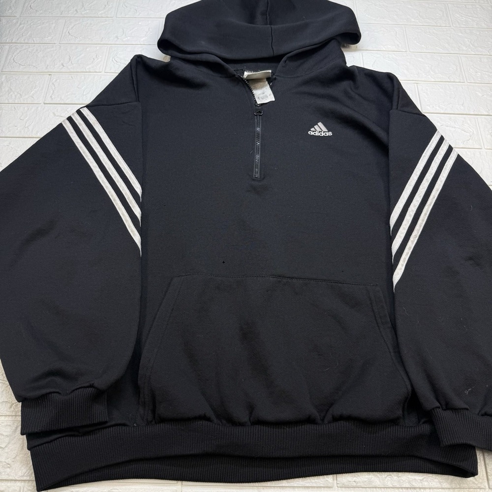 Vintage Adidas Y2K Full Zip Hoodie Sweatshirt XL Black 3 Stripe Streetwear